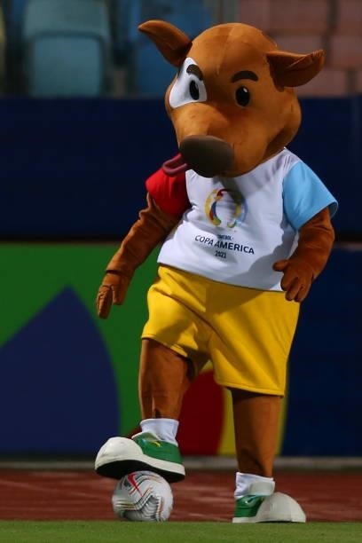 The mascot of Copa America 'Pibe' controls the ball before a group b match between Colombia and Peru as part of Copa America Brazil 2021 at Estadio...
