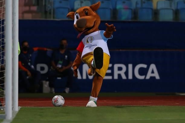 The mascot of Copa America 'Pibe' kicks the ball before a group b match between Colombia and Peru as part of Copa America Brazil 2021 at Estadio...
