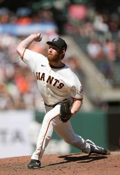 John Brebbia of the San Francisco Giants pitches against the Philadelphia Phillies in the top of the ninth inning at Oracle Park on June 20, 2021 in...