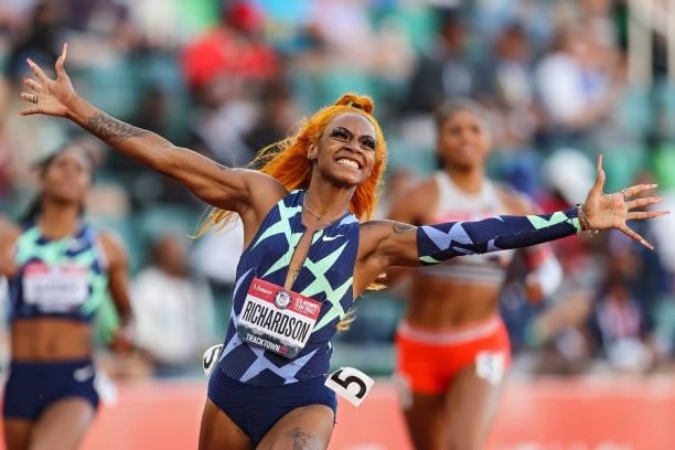 Sha'Carri Richardson celebrates winning the Women's 100 Meter final on day 2 of the 2020 U.S. Olympic Track & Field Team Trials at Hayward Field on...