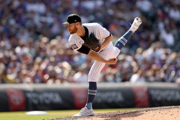 Pitcher Daniel Bard of the Colorado Rockies throws against the Milwaukee Brewers in the ninth inning at Coors Field on June 20, 2021 in Denver,...
