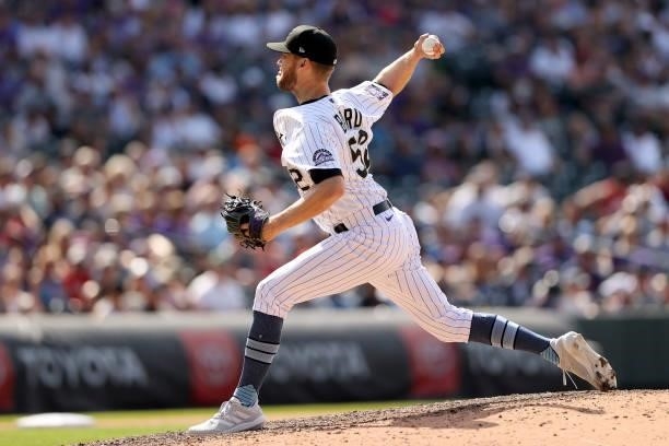 Pitcher Daniel Bard of the Colorado Rockies throws against the Milwaukee Brewers in the ninth inning at Coors Field on June 20, 2021 in Denver,...