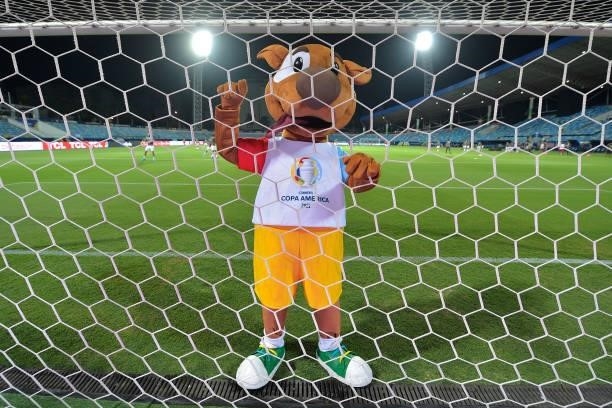 The mascot of Copa America 'Pibe' poses before a group b match between Colombia and Peru as part of Copa America Brazil 2021 at Estadio Olimpico on...