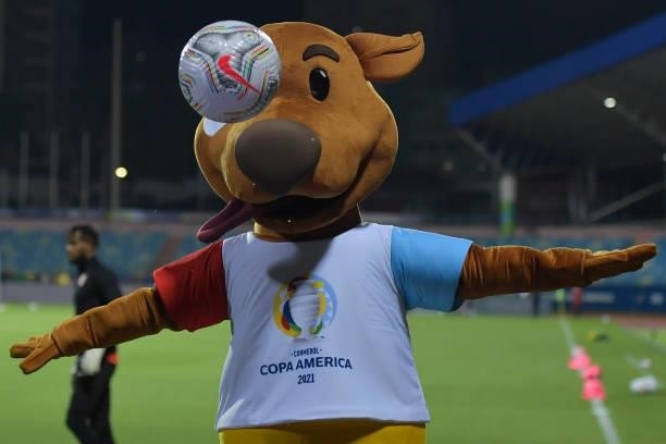 The mascot of Copa America 'Pibe' poses before a group b match between Colombia and Peru as part of Copa America Brazil 2021 at Estadio Olimpico on...