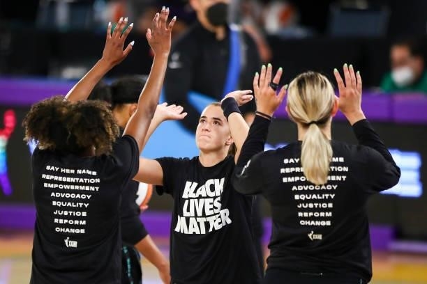 Guard Sabrina Ionescu of the New York Liberty is introduced before the game against the Los Angeles Sparks at Los Angeles Convention Center on June...