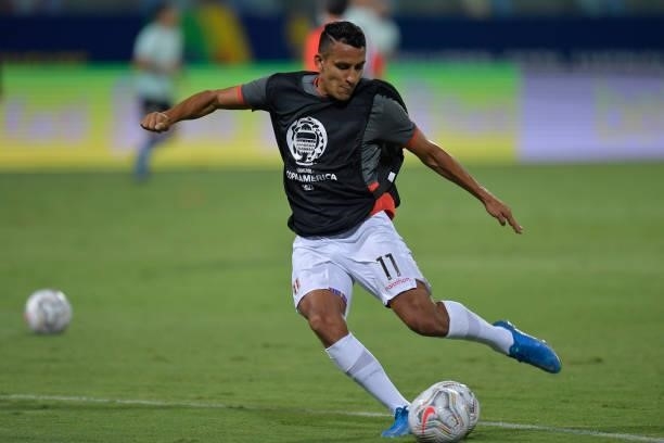 Alex Valera of Peru warms up before a group b match between Colombia and Peru as part of Copa America Brazil 2021 at Estadio Olimpico on June 20,...