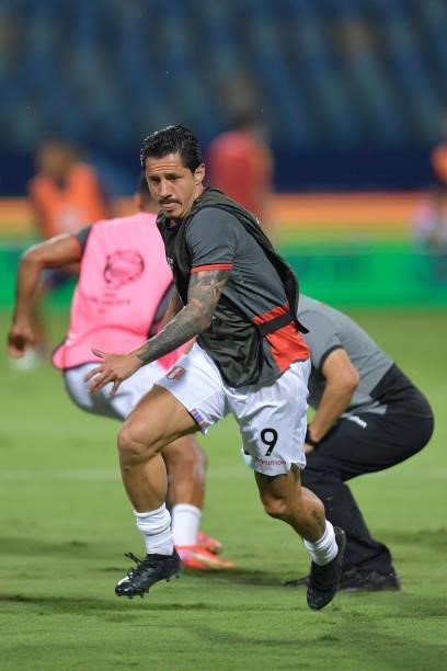 Gianluca Lapadula of Peru warms up before a group b match between Colombia and Peru as part of Copa America Brazil 2021 at Estadio Olimpico on June...