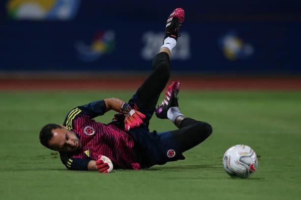 David Ospina goalkeeper of Colombia warms up before a group b match between Colombia and Peru as part of Copa America Brazil 2021 at Estadio Olimpico...