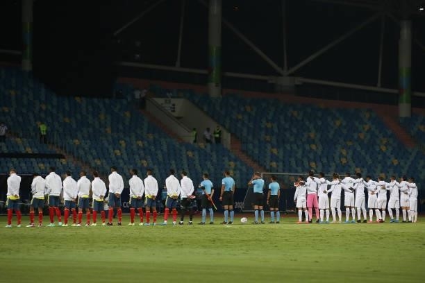 Players of Colombia and Peru line up before a group b match between Colombia and Peru as part of Copa America Brazil 2021 at Estadio Olimpico on June...