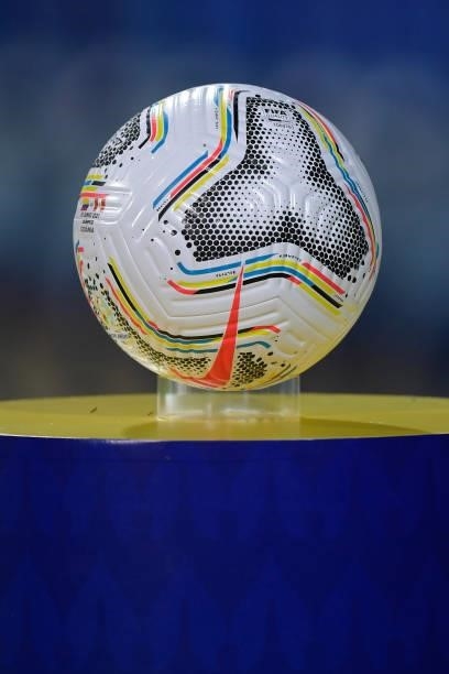 Detail of match ball before a group b match between Colombia and Peru as part of Copa America Brazil 2021 at Estadio Olimpico on June 20, 2021 in...