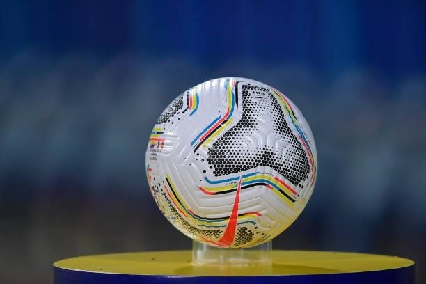 Detail of match ball before a group b match between Colombia and Peru as part of Copa America Brazil 2021 at Estadio Olimpico on June 20, 2021 in...