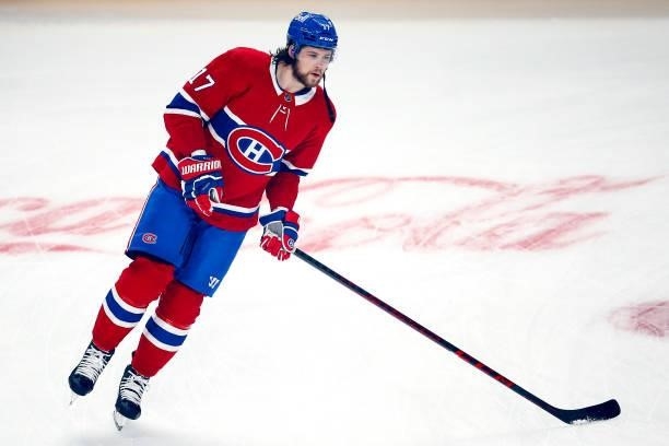 Josh Anderson of the Montreal Canadiens skates in warm-ups prior to Game Four of the Stanley Cup Semifinals of the 2021 Stanley Cup Playoffs against...