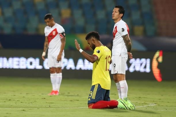 Miguel Borja of Colombia prays before a group b match between Colombia and Peru as part of Copa America Brazil 2021 at Estadio Olimpico on June 20,...