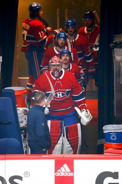 Carey Price of the Montreal Canadiens leads his team onto the ice for warmups prior to Game Four of the Stanley Cup Semifinals of the 2021 Stanley...