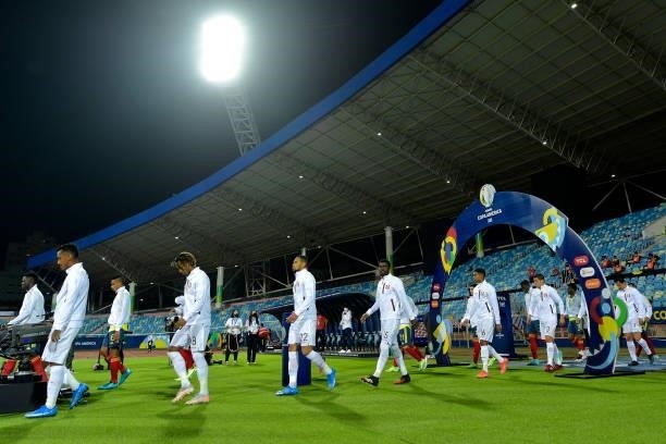 Players of Colombia and Peru enter the pitch before a group b match between Colombia and Peru as part of Copa America Brazil 2021 at Estadio Olimpico...