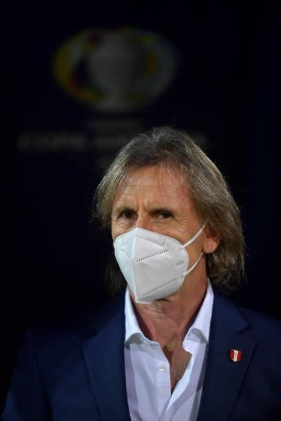Ricardo Gareca coach of Peru looks on before a group b match between Colombia and Peru as part of Copa America Brazil 2021 at Estadio Olimpico on...