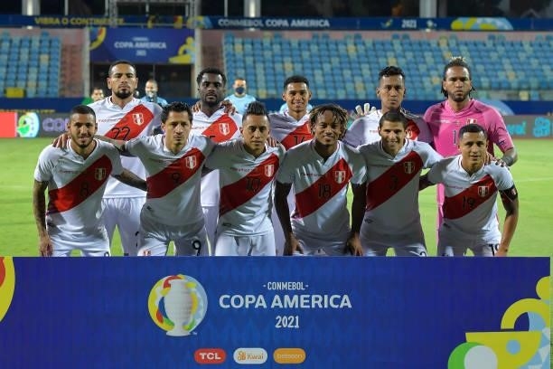 Players of Peru pose before a group b match between Colombia and Peru as part of Copa America Brazil 2021 at Estadio Olimpico on June 20, 2021 in...