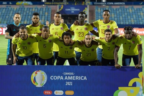 Players of Colombia pose before a group b match between Colombia and Peru as part of Copa America Brazil 2021 at Estadio Olimpico on June 20, 2021 in...