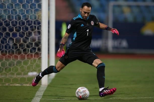David Ospina goalkeeper of Colombia kicks the ball during a group b match between Colombia and Peru as part of Copa America Brazil 2021 at Estadio...