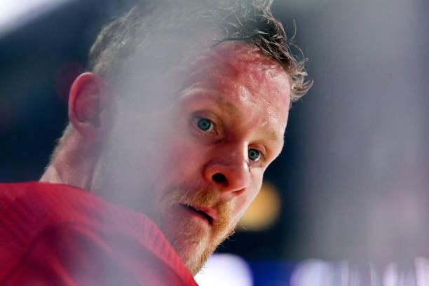 Corey Perry of the Montreal Canadiens warms up prior to Game Four of the Stanley Cup Semifinals against the Vegas Golden Knights of the 2021 Stanley...