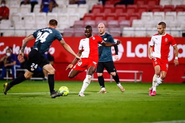 Mamadou Sylla of Girona FC shots the ball during the La Liga Smartbank Playoff Final 2nd Leg match between Girona FC and Rayo Vallecano at Montilivi...