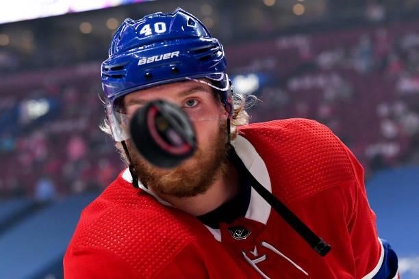 Joel Armia of the Montreal Canadiens warms up prior to Game Four of the Stanley Cup Semifinals of the 2021 Stanley Cup Playoffs against the Vegas...