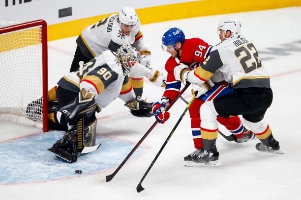 Robin Lehner of the Vegas Golden Knights makes the save against Corey Perry of the Montreal Canadiens during the first period in Game Four of the...