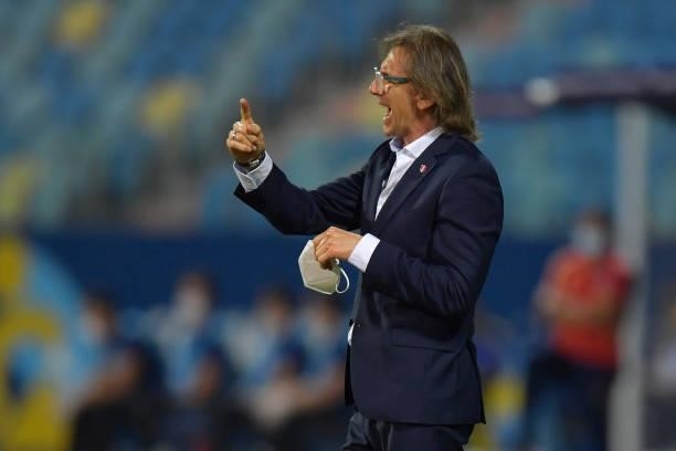 Ricardo Gareca coach of Peru reacts during a group b match between Colombia and Peru as part of Copa America Brazil 2021 at Estadio Olimpico on June...