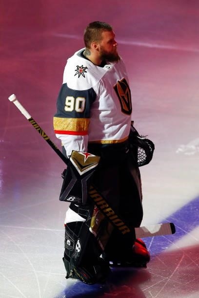 Robin Lehner of the Vegas Golden Knights stands for the national anthem prior to Game Four of the Stanley Cup Semifinals of the 2021 Stanley Cup...