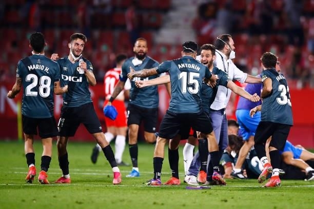 Rayo players celebrates during the La Liga Smartbank Playoff Final 2nd Leg match between Girona FC and Rayo Vallecano at Montilivi Stadium on June...