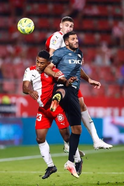 Yacine Qasmi of Rayo Vallecano challenges for the ball against Yoel Barcenas of Girona FC during the La Liga Smartbank Playoff Final 2nd Leg match...