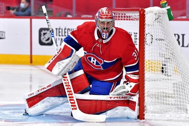 Carey Price of the Montreal Canadiens tends net against the Vegas Golden Knights during the first period in Game Four of the Stanley Cup Semifinals...