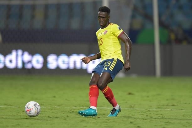 Davinson Sanchez of Colombia kicks the ball during a group b match between Colombia and Peru as part of Copa America Brazil 2021 at Estadio Olimpico...