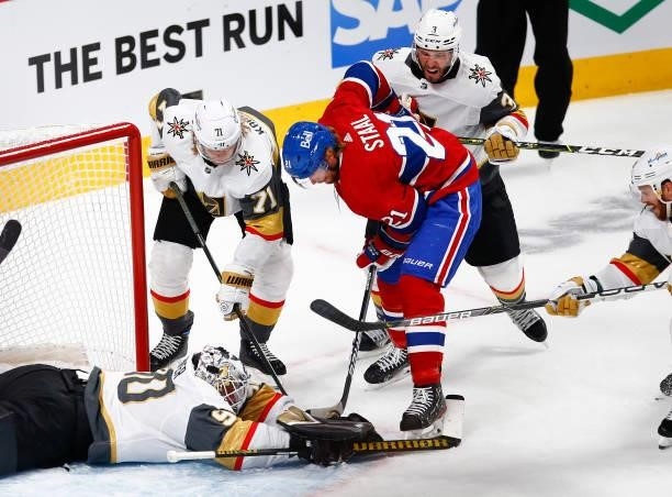 Robin Lehner of the Vegas Golden Knights makes the save against the Montreal Canadiens during the first period in Game Four of the Stanley Cup...