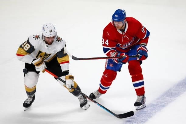 William Carrier of the Vegas Golden Knights and Corey Perry of the Montreal Canadiens battle for the puck during the first period in Game Four of the...