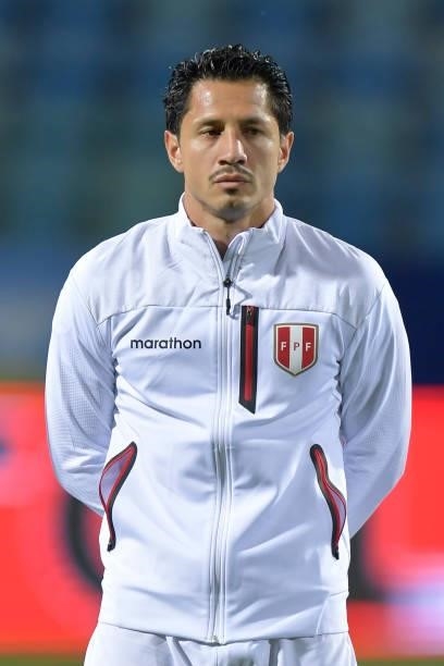 Gianluca Lapadula of Peru looks on before a group b match between Colombia and Peru as part of Copa America Brazil 2021 at Estadio Olimpico on June...