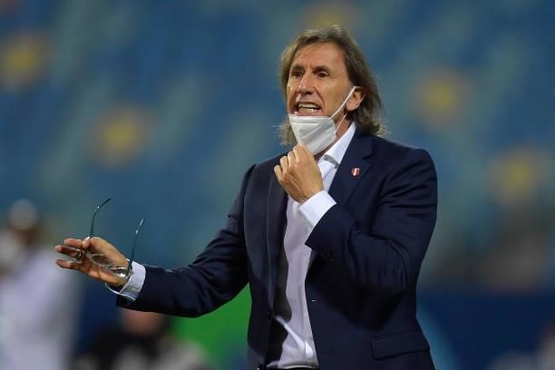 Ricardo Gareca coach of Peru reacts during a group b match between Colombia and Peru as part of Copa America Brazil 2021 at Estadio Olimpico on June...