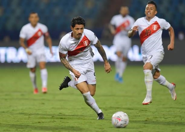 Gianluca Lapadula of Peru runs for the ball during a group B match between Colombia and Peru as part of Copa America Brazil 2021 at Estadio Olimpico...