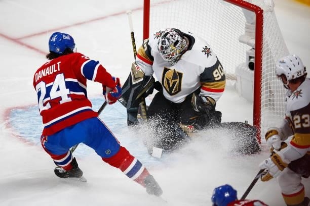 Robin Lehner of the Vegas Golden Knights makes the save against Phillip Danault of the Montreal Canadiens during the second period in Game Four of...