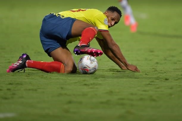 Yerry Mina of Colombia controls the ball during a group B match between Colombia and Peru as part of Copa America Brazil 2021 at Estadio Olimpico on...