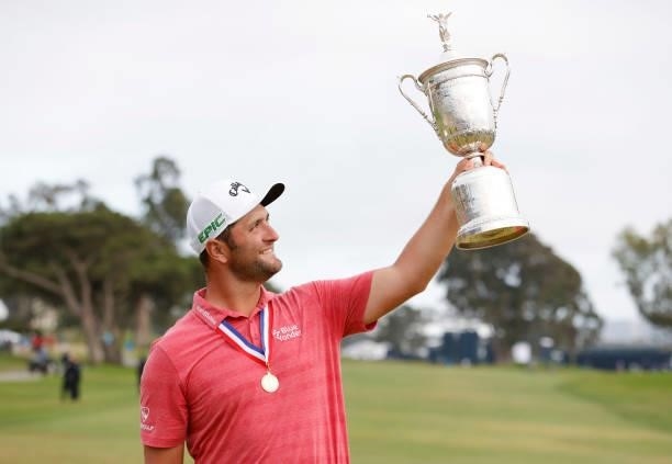 Jon Rahm of Spain celebrates with the trophy after winning during the final round of the 2021 U.S. Open at Torrey Pines Golf Course on June 20, 2021...