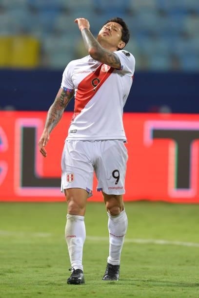 Gianluca Lapadula of Peru reacts during a group B match between Colombia and Peru as part of Copa America Brazil 2021 at Estadio Olimpico on June 20,...