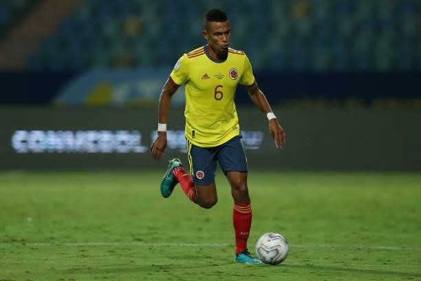 William Tesillo of Colombia controls the ball during a group B match between Colombia and Peru as part of Copa America Brazil 2021 at Estadio...