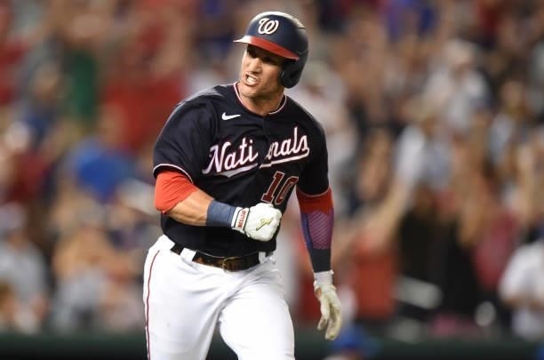 Yan Gomes of the Washington Nationals celebrates after driving in the game winning run with a single in the ninth inning against the New York Mets at...