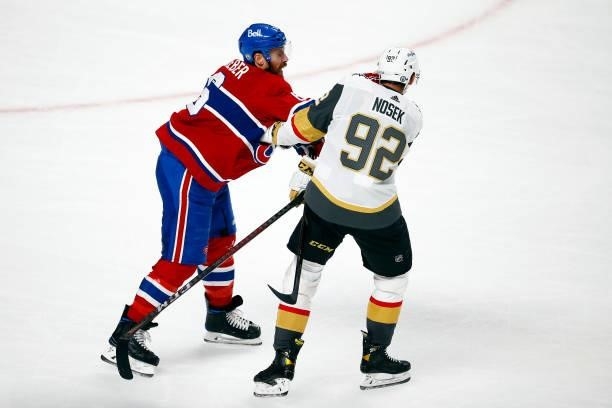 Shea Weber of the Montreal Canadiens and Tomas Nosek of the Vegas Golden Knights scuffle during the second period in Game Four of the Stanley Cup...
