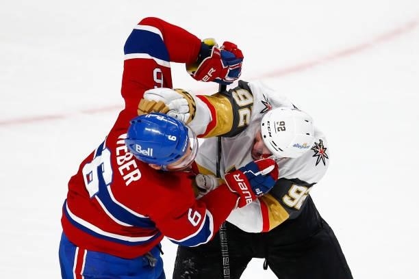 Shea Weber of the Montreal Canadiens and Tomas Nosek of the Vegas Golden Knights scuffle during the second period in Game Four of the Stanley Cup...