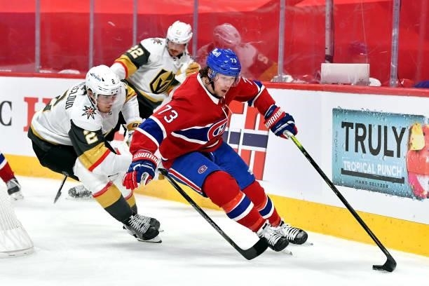 Tyler Toffoli of the Montreal Canadiens is defended by Zach Whitecloud of the Vegas Golden Knights during the second period in Game Four of the...