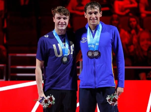 Bobby Finke and Michael Brinegar of the United States reacts during the Men’s 1500m freestyle medal ceremony during Day Eight of the 2021 U.S....