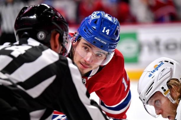 Nick Suzuki of the Montreal Canadiens prepares for a face-off against the Vegas Golden Knights during the second period in Game Four of the Stanley...