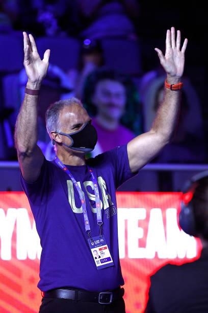 Coach Peter Andrew reacts during Day Eight of the 2021 U.S. Olympic Team Swimming Trials at CHI Health Center on June 20, 2021 in Omaha, Nebraska.